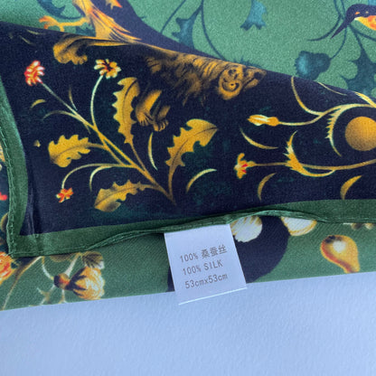 100% Pure Silk Multicolour Small Silk Scarf -The Green & Birds