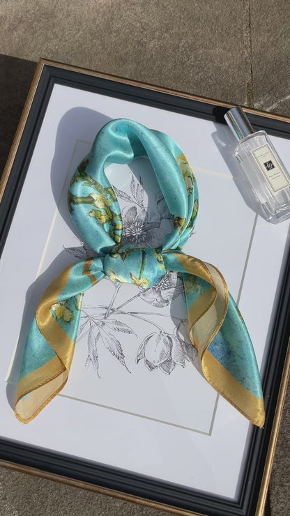 100% Pure Mulberry Silk 26” Scarf - Large Multicolour Headscarf/ Bandana/Hair Scarf - Elegant Square Silk Scarf Gift for Her/Mom -The Blue Flowers