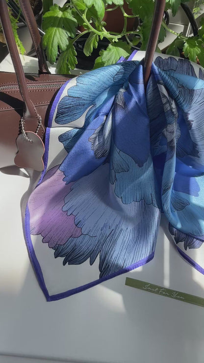 100% Mulberry Silk Scarf-Small Square Multicolor Silk Scarf, lightweight Luxury Neck Hair Scarf -The Blue Flowers