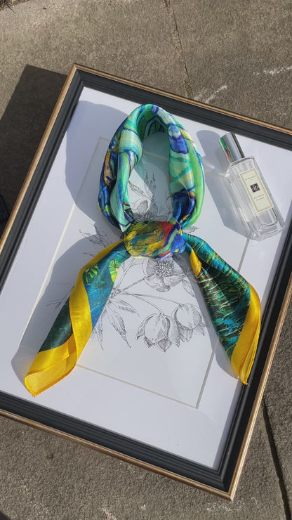 100% Pure Silk Multicolour Large Silk Scarf / Headscarf-The Irises - 26”Silk Scarf / Headscarf