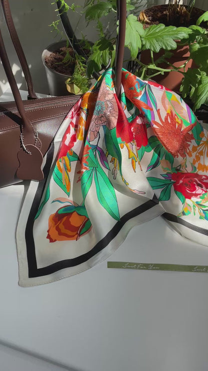 100% Pure Silk Multicolor 20" Silk Square Scarf -The Red Flowers
