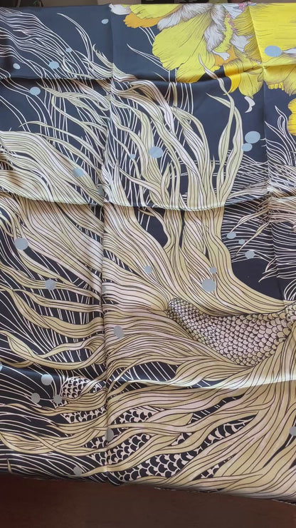 100% Pure Mulberry Silk Multicolour Handmade Large Silk Scarf 43"- The Golden Fish