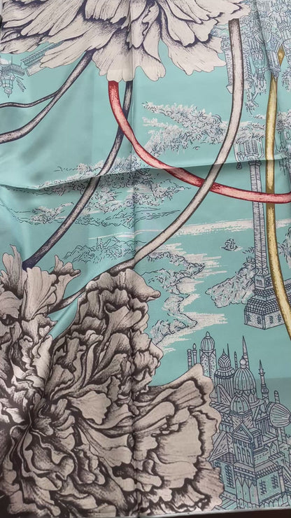 100% Pure Mulberry Silk Extra Large HandRolled Silk Scarf 35"- The Peony Flowers