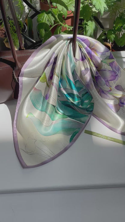 100% Pure Silk Multicolor 20" Silk Square Scarf -The Irises