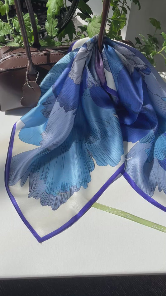 100% Pure Silk Multicolour Large 26” Silk Scarf / Headscarf-The Blue Flowers