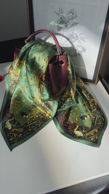 100% Pure Silk Multicolour Large Silk Scarf / Headscarf-The Green & Birds- 26”Silk Scarf / Headscarf