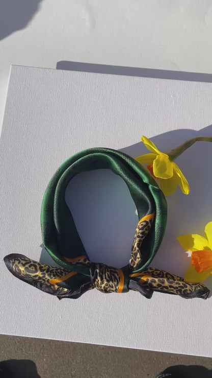 100% Pure Silk Multicolour Small Silk Scarf -The Green & Leopard