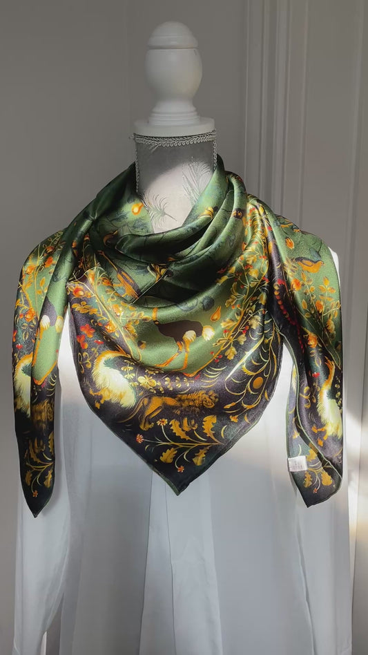 100% Pure Mulberry Silk Multicolour Handmade Large 43"Silk Scarf - The Green & Birds