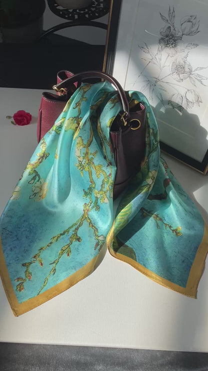 100% Pure Mulberry Silk 26” Scarf - Large Multicolour Headscarf/ Bandana/Hair Scarf - Elegant Square Silk Scarf Gift for Her/Mom -The Blue Flowers