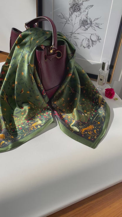 100% Pure Silk Multicolour Large 26” Silk Scarf / Headscarf-The Green & Birds
