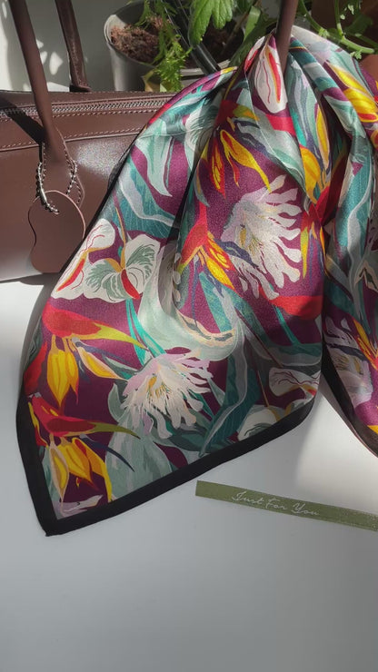 100% Pure Silk Multicolor 20" Silk Square Scarf -The Flowers