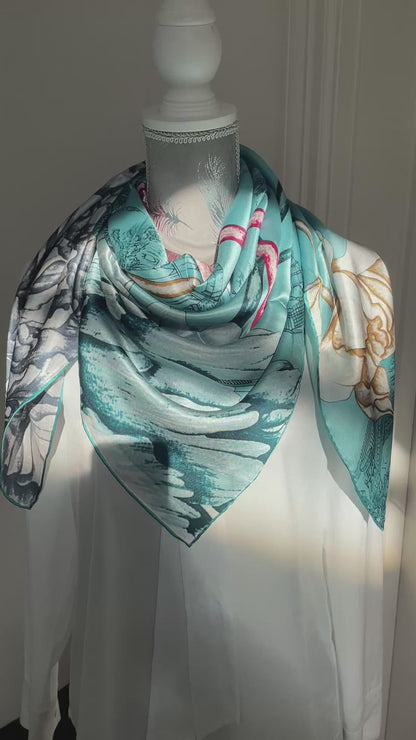 100% Pure Mulberry Silk Multicolour Handmade Large Silk Scarf 43"- The Peony