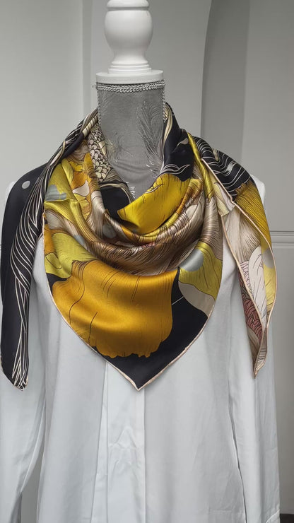 100% Pure Mulberry Silk Multicolour Handmade Large Silk Scarf 43"- The Golden Fish
