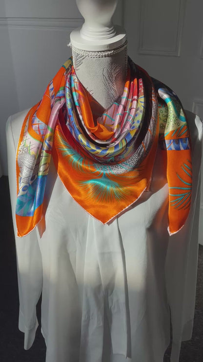 Exquisite! 100% Pure Mulberry Silk Multicolour Pure Handmade 35” Large Silk Scarf - The Feathers
