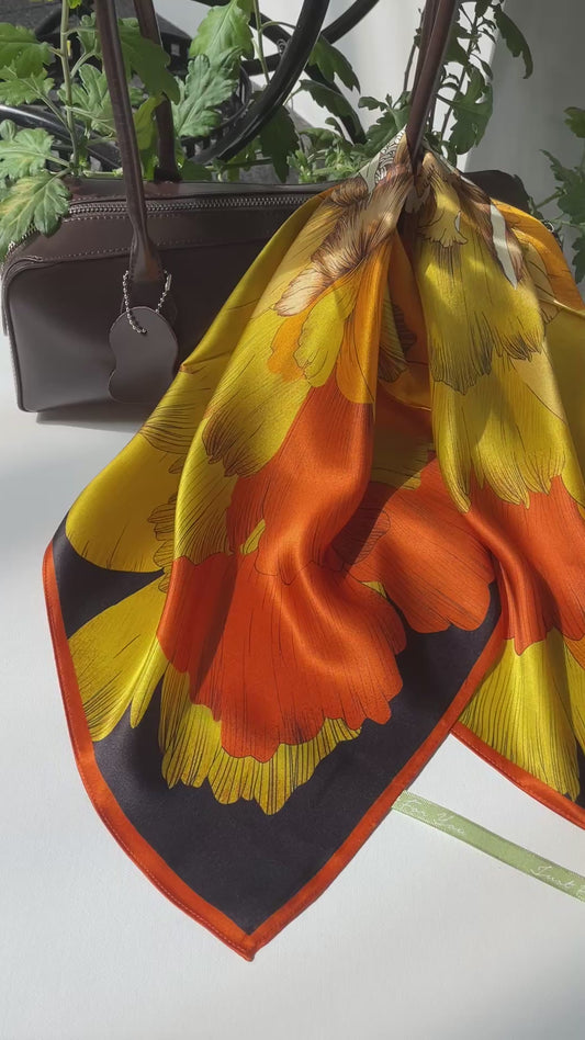 100% Pure Silk Multicolour Large 26” Silk Scarf / Headscarf-The Golden Flowers