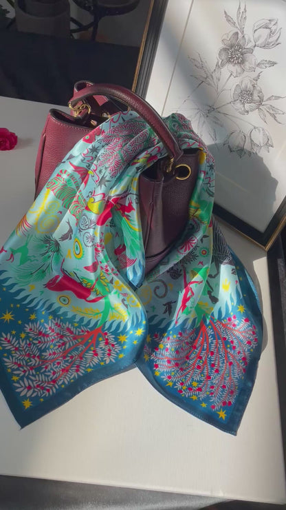 100% Pure Mulberry Silk 26” Scarf - Large Multicolour Headscarf/ Bandana/Hair Scarf - Elegant Square Silk Scarf Gift for Her/Mom -The Kingdom