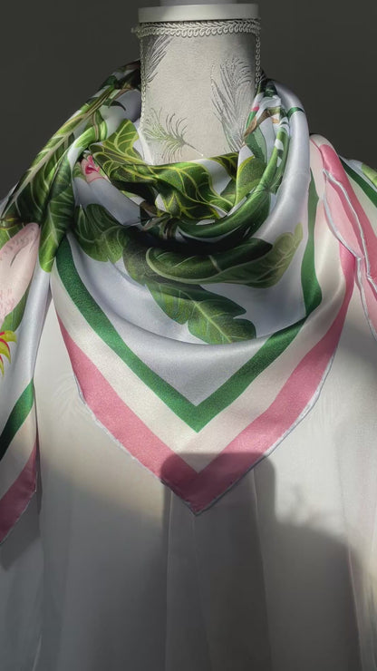 100% Pure Mulberry Silk Multicolour Handmade Large 43" Silk Scarf - The Flamingos