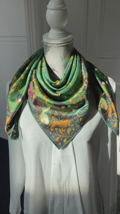 100% Pure Mulberry Silk Extra Large Hand Rolled Silk Scarf 35"- The Green & Birds