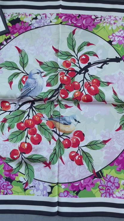 100% Pure Silk Multicolour Large Silk Scarf / Headscarf-The Pipits & Cherry- 26”Silk Scarf / Headscarf