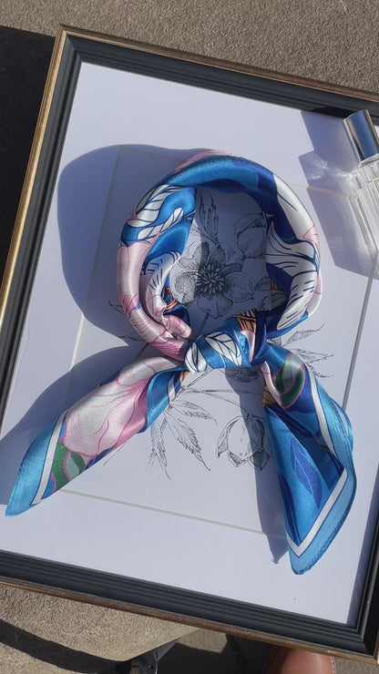 100% Pure Silk Multicolour Large 26” Silk Scarf / Headscarf-The Blue Flowers