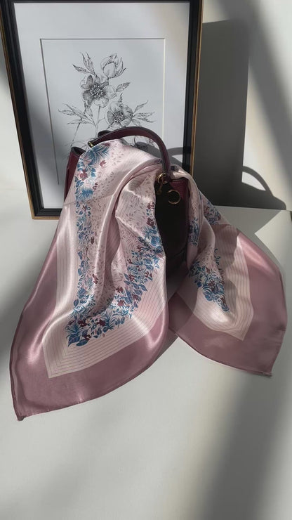 100% Pure Silk Multicolour Large Silk Scarf / Headscarf-The Pink Flowers - 26”Silk Scarf / Headscarf