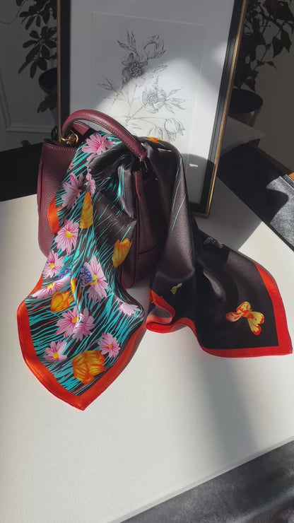 100% Pure Mulberry Silk 26” Scarf - Large Multicolour Headscarf/ Bandana/Hair Scarf - Elegant Square Silk Scarf Gift for Her/Mom -The Flowers
