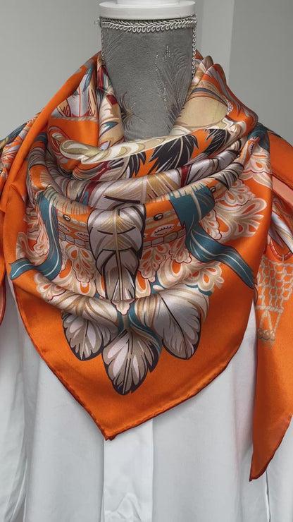 100% Pure Mulberry Silk Multicolour Handmade Large Silk Scarf 43"- The Orange Feathers