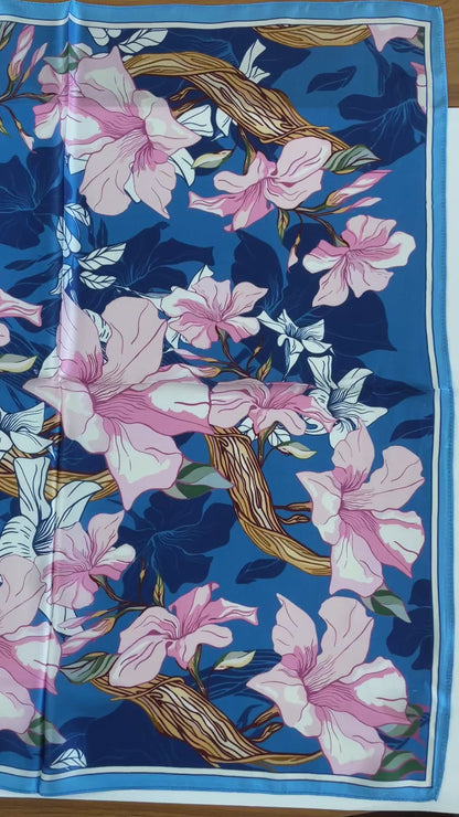 100% Pure Silk Multicolour Large Silk Scarf / Headscarf-The Blue Flowers - 26”Silk Scarf / Headscarf