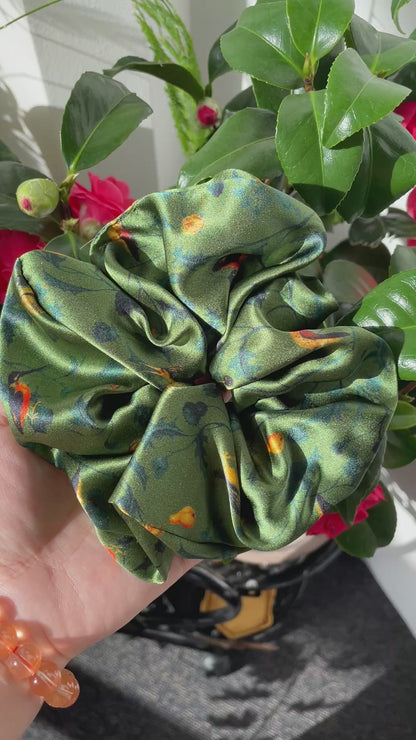 Luxury Handmade Pure Silk Scrunchie - Luxury 7cm wide Silk Hair tie - Artistic Silk Scrunchie-The Green & Birds