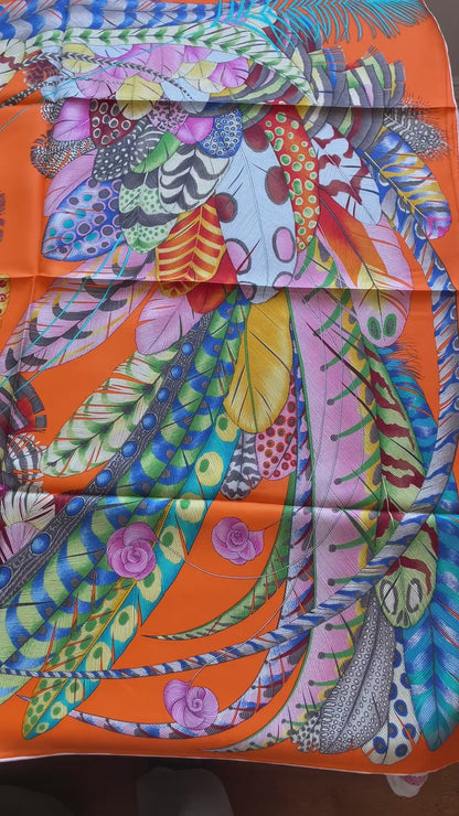 Exquisite! 100% Pure Mulberry Silk Multicolour Pure Handmade 35” Large Silk Scarf - The Feathers