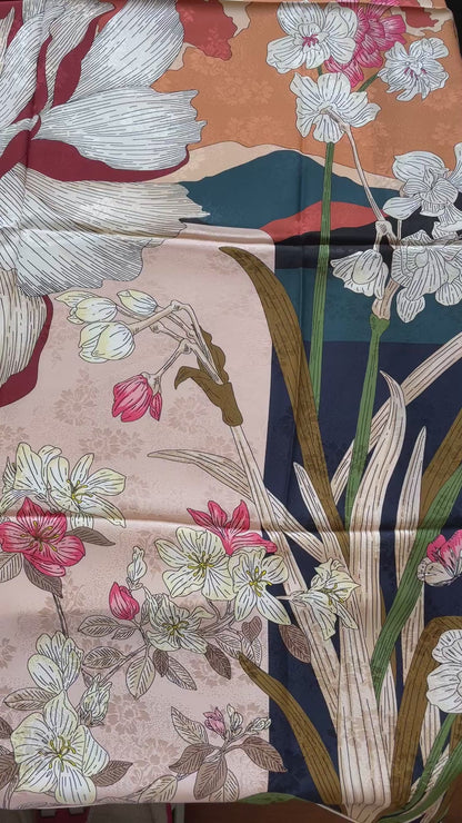 100% Pure Mulberry Silk Duo-Colour Handmade Large Silk Scarf 43"- The Peony