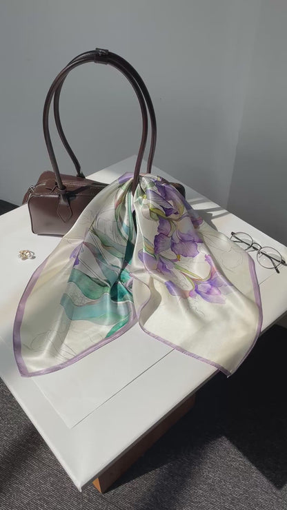 100% Pure Silk Multicolour Large Silk Scarf / Headscarf-The Summer Irises - 26”Silk Scarf / Headscarf