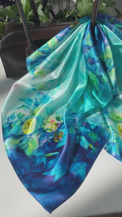 100% Pure Silk Multicolour Large 26” Silk Scarf / Headscarf-The Blue Rose