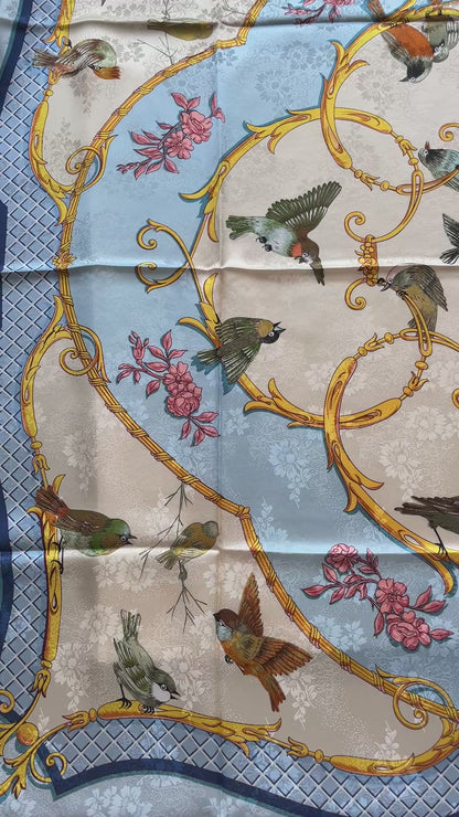 100% Pure Mulberry Silk Duo-Color Handmade Large Silk Scarf 43"- The Birds