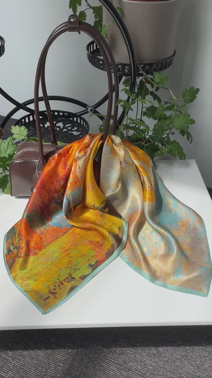 100% Pure Silk Multicolour Large 26” Silk Scarf / Headscarf-The Autumn Painting