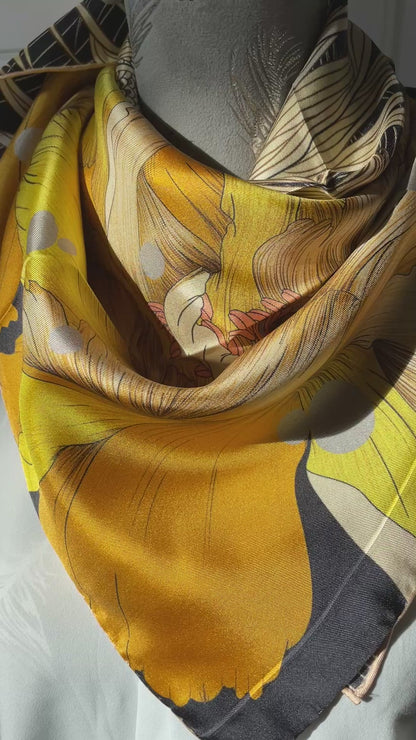 100% Pure Mulberry Silk Extra Large Hand Rolled Silk Scarf 35"- The Golden Fish