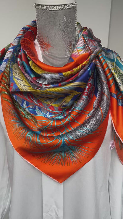 100% Pure Mulberry Silk Multicolour Handmade Extra Large 43"Silk Scarf - The Feathers