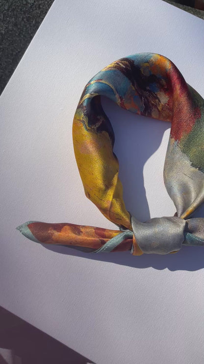 100% Mulberry Silk Scarf-Small Square Multicolor Silk Scarf, lightweight Luxury Neck Hair Scarf - The Autumn Painting