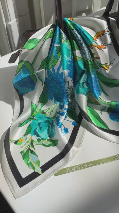100% Pure Silk Multicolor 20" Silk Square Scarf -The Blue Flowers