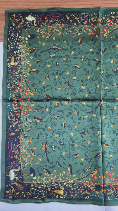 100% Pure Silk Multicolour Large Silk Scarf / Headscarf-The Green & Birds- 26”Silk Scarf / Headscarf